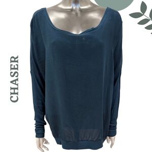 Chaser Slouchy Pullover | Silk Long Sleeve Top | Ribbed Sleeve | Teal Medium